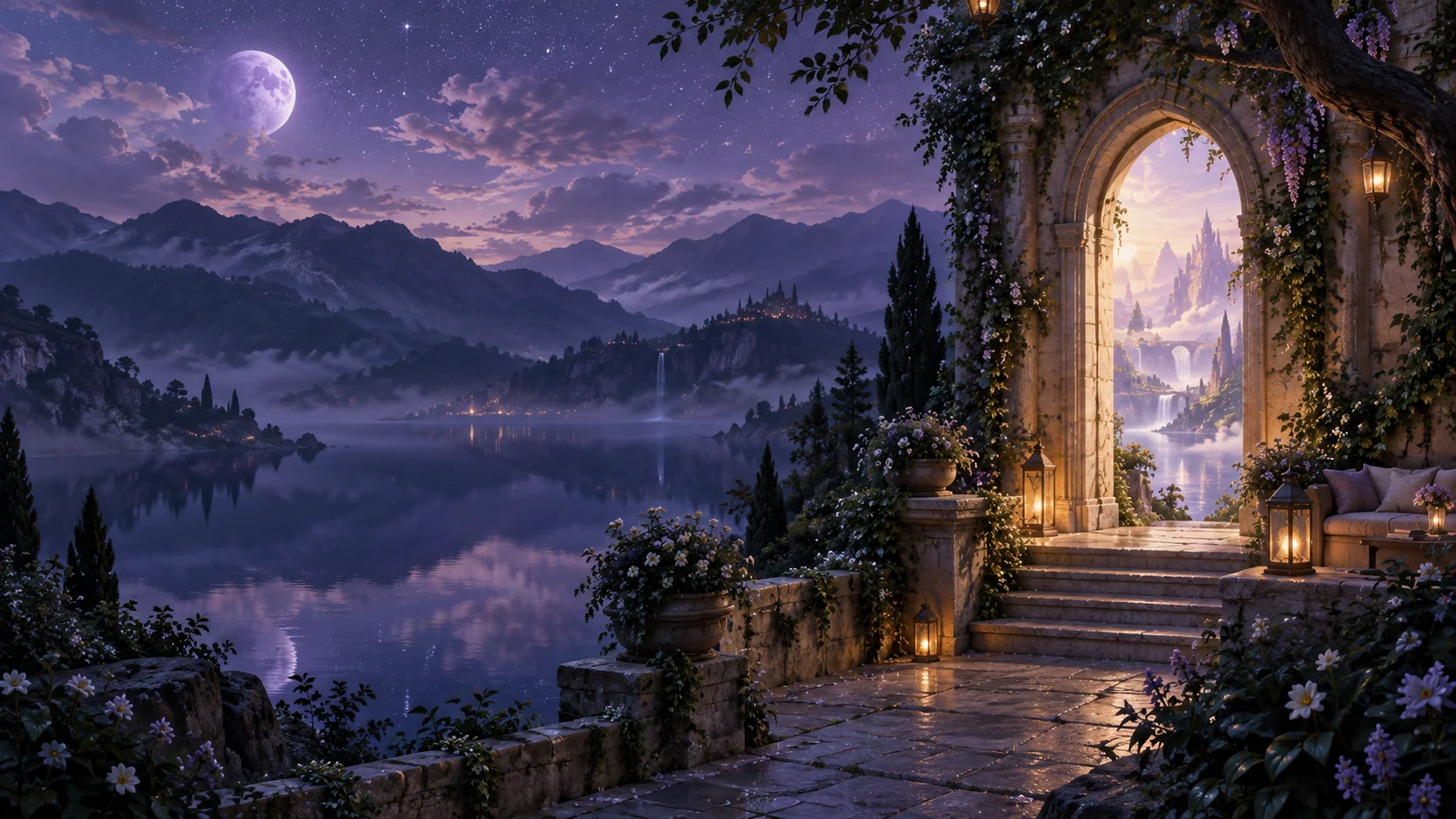 A softly lit doorway beside a moonlit lake, beneath a sky full of stars.
