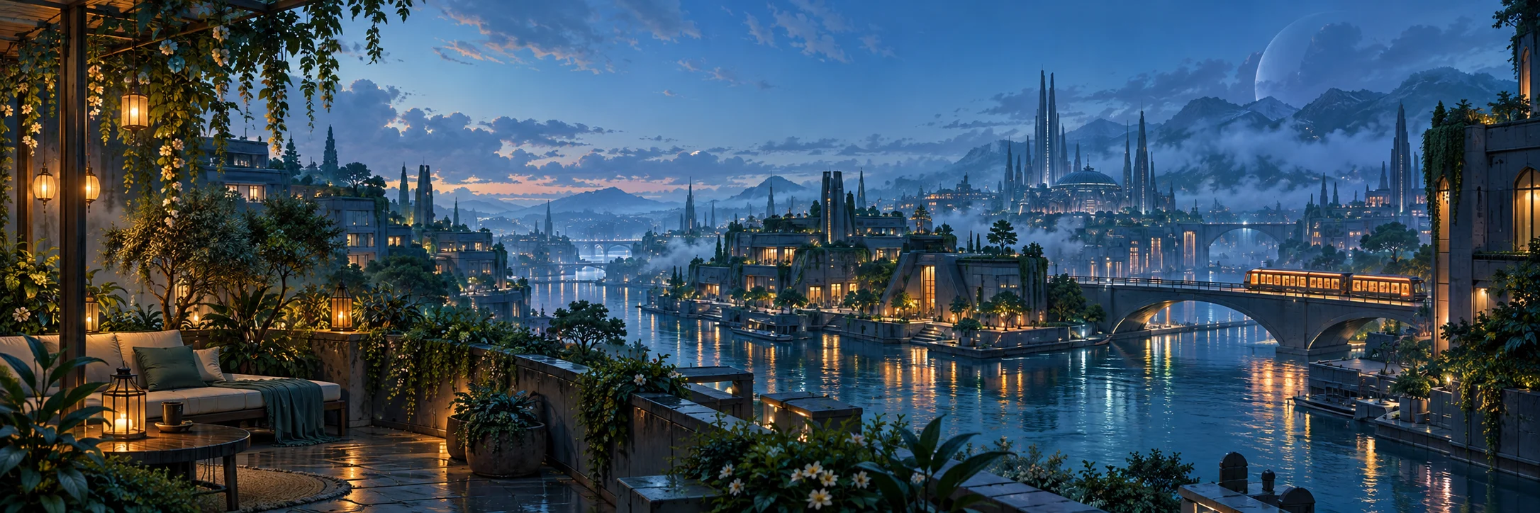 A luminous blue city with rooftop gardens and an amber tram crossing a canal.